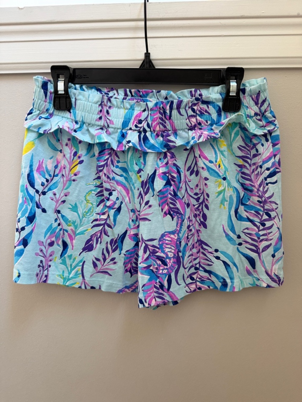 Lilly Pulitzer Girls Light Blue Seaweed Print Ruffle Waist Shorts Sz 8-10